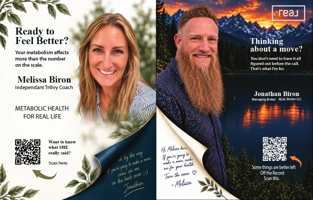 The Birons' original printed program ads: Melissa on the cream page, Jonathan by the sunset lake.